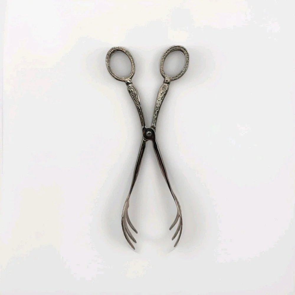 Vintage EP‎ Zinc Silverplate Scissor Tongs Ornate Scroll Handles Dramatic Claws